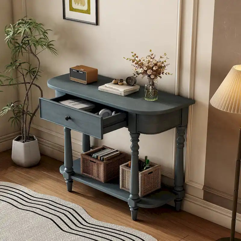 Console étroite rétro avec coin incurvé, tiroir supérieur et étagère ouverte