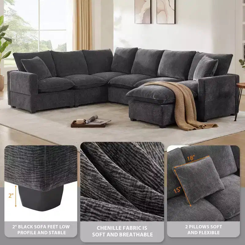 Canapé sectionnel convertible en U Okak avec pouf mobile, canapé rembourré moderne à 6 places pour salon, appartement