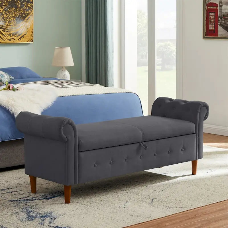 Banc de rangement pour chambre, bout de lit, accoudoirs roulés, canapé ottoman en velours, long banc