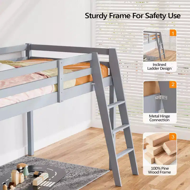 Lit mezzanine Karl Home Gray Wood Junior avec escalier pleine grandeur pour adultes, enfants et jeunes adolescents