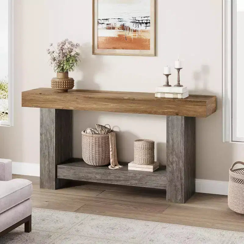 Console 2 niveaux pour salon et entrée, grande table de canapé avec rangement, table d'entrée de couloir, longue table d'entrée pour l'organisation de la décoration