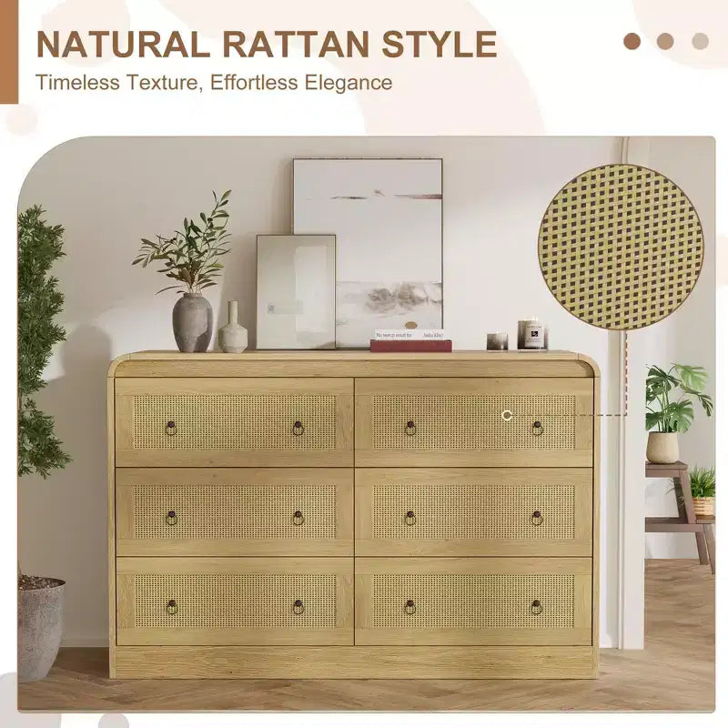 Commode à 6 tiroirs en rotin pour chambre à coucher, commode en bois de 117 cm de large, meuble TV, organisateur de rangement pour vêtements pour salon, noir