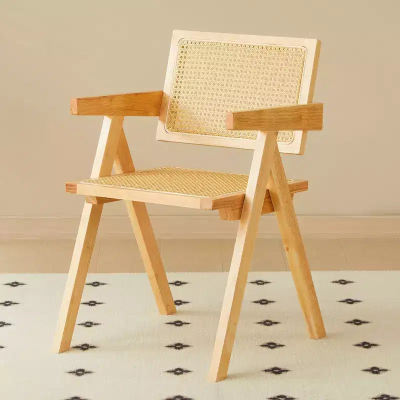 Lot de 2 chaises de salle à manger Okak en bois massif, chaises de salle à manger avec dossier en rotin et accoudoirs, chaises d'appoint de cuisine simples pour table de salon