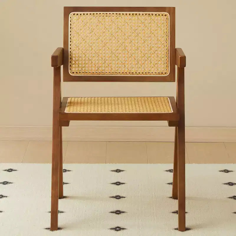 Lot de 2 chaises de salle à manger Okak en bois massif, chaises de salle à manger avec dossier en rotin et accoudoirs, chaises d'appoint de cuisine simples pour table de salon