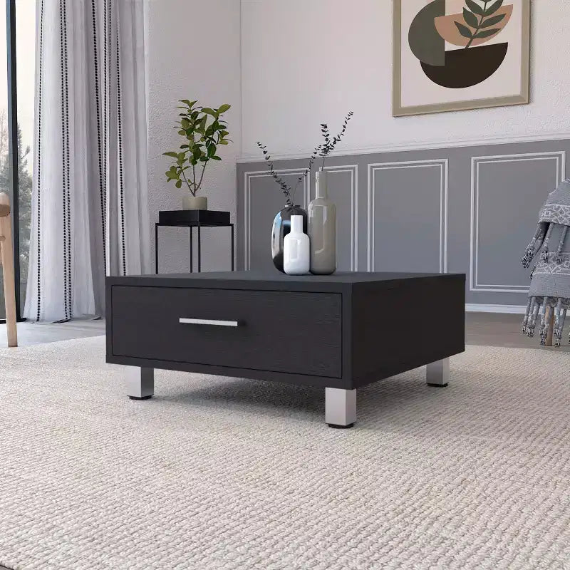 Table basse rectangulaire Wengé avec 1 tiroir, quatre pieds en métal, poignée en métal, plateau supérieur, table d'appoint pour salon