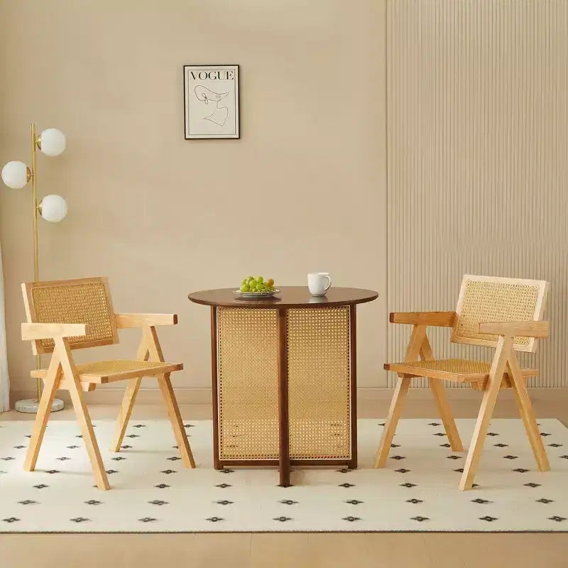 Lot de 2 chaises de salle à manger Okak en bois massif, chaises de salle à manger avec dossier en rotin et accoudoirs, chaises d'appoint de cuisine simples pour table de salon