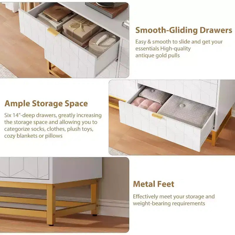 Commode Blanche à 6 Tiroirs DobleePy avec Pieds en Métal Doré, Grande Commode de Rangement de 136 cm de Large pour Chambre, Salon, Entrée