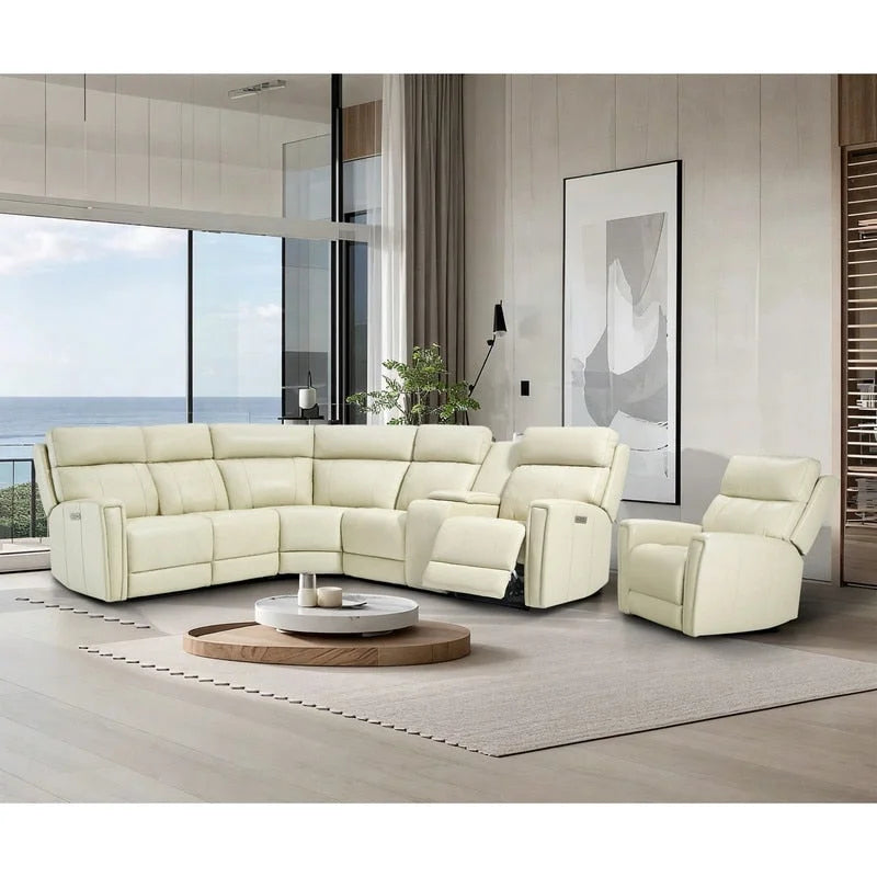 Canapé d'angle électrique en cuir véritable 6 places de 104 po de largeur et fauteuil inclinable de 39 po de largeur avec gravité zéro, ports USB, 2 fauteuils sans accoudoirs fixes