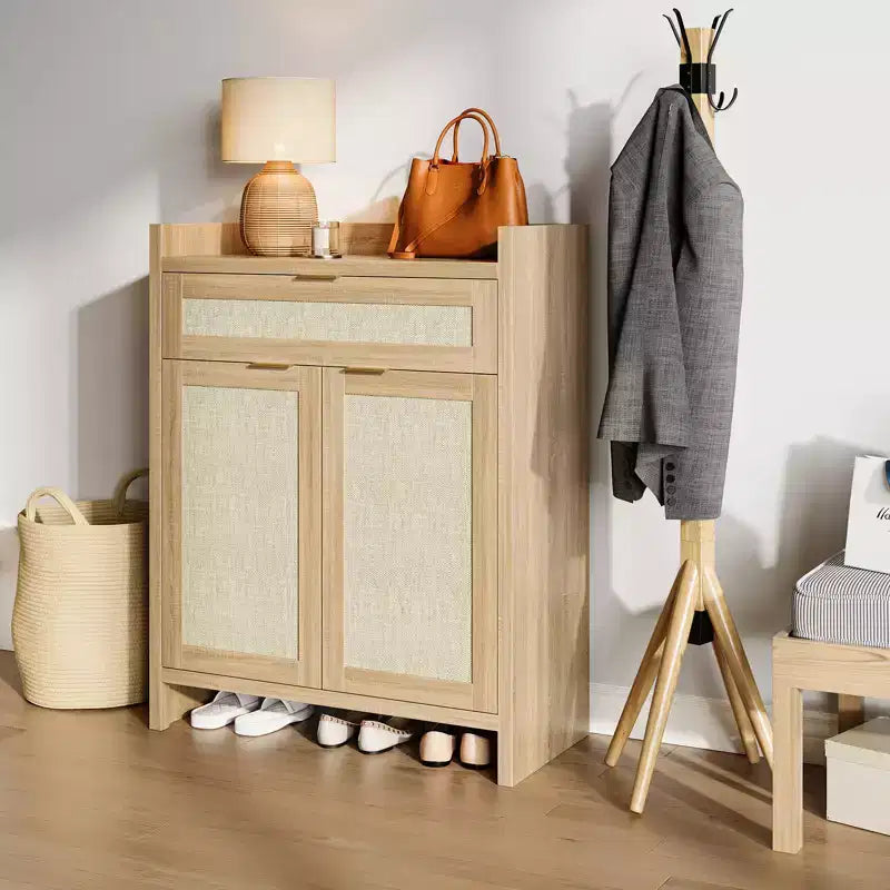 Meuble à chaussures en rotin avec tiroir, Organisateur de rangement pour chaussures haut à 6 niveaux, Meuble de ferme en bois bohème avec 2 portes pour entrée, couloir