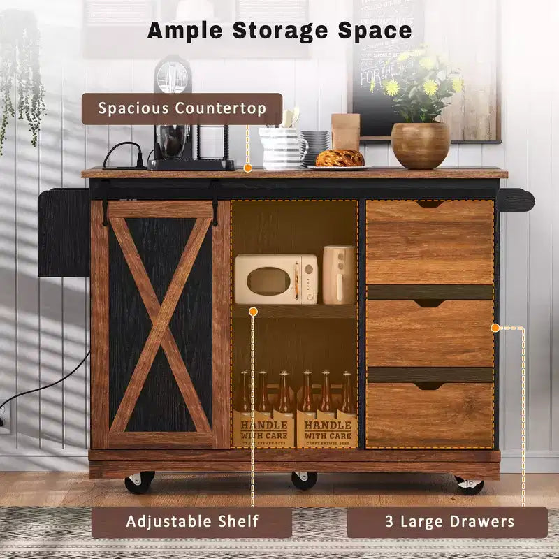 Îlot de cuisine de ferme Whisen 55.5 avec abattant, porte coulissante et station de recharge, design roulant