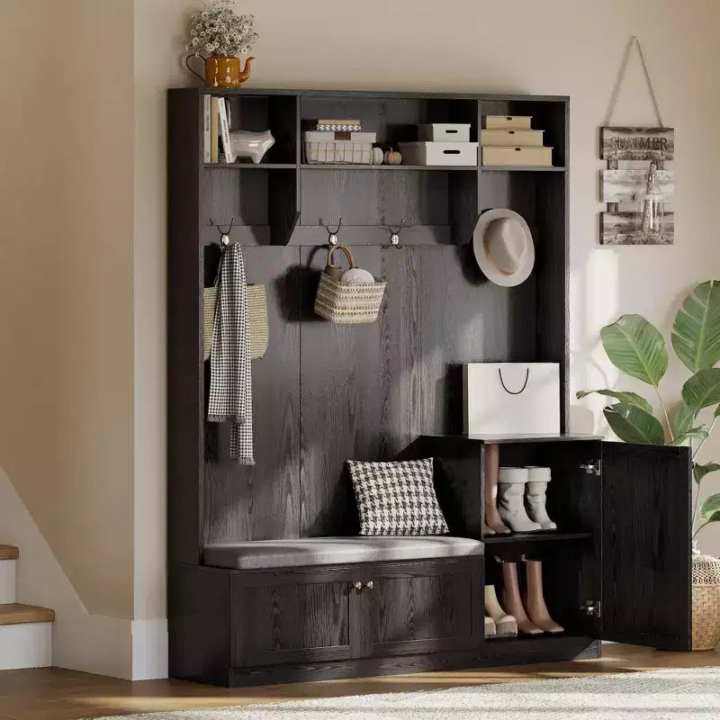 Banc et Rangement à Chaussures, Banc d'entrée de Ferme 3-en-1 avec Porte-Manteau, 4 Crochets, 4 Casiers à Chaussures et 3 Compartiments Ouverts, pour Entrée, Vestiaire