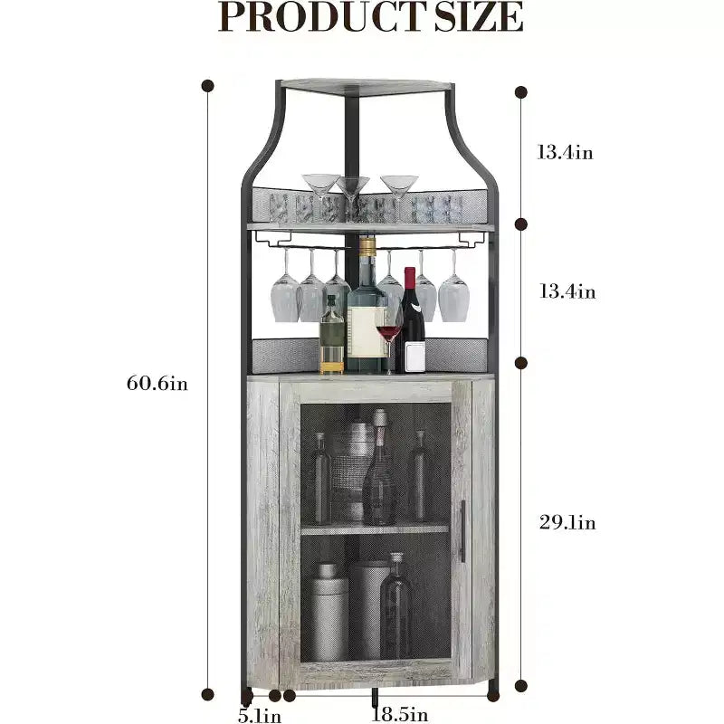 Meuble de bar d'angle CuisinSmart avec casier à vin amovible, meuble de bar avec porte-verres, petit buffet et armoire de rangement avec porte grillagée