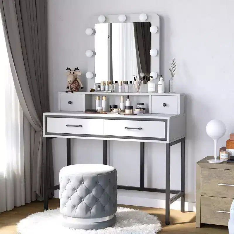 Coiffeuse avec miroir lumineux, table de maquillage Hollywood 3 couleurs dimmable avec 4 tiroirs