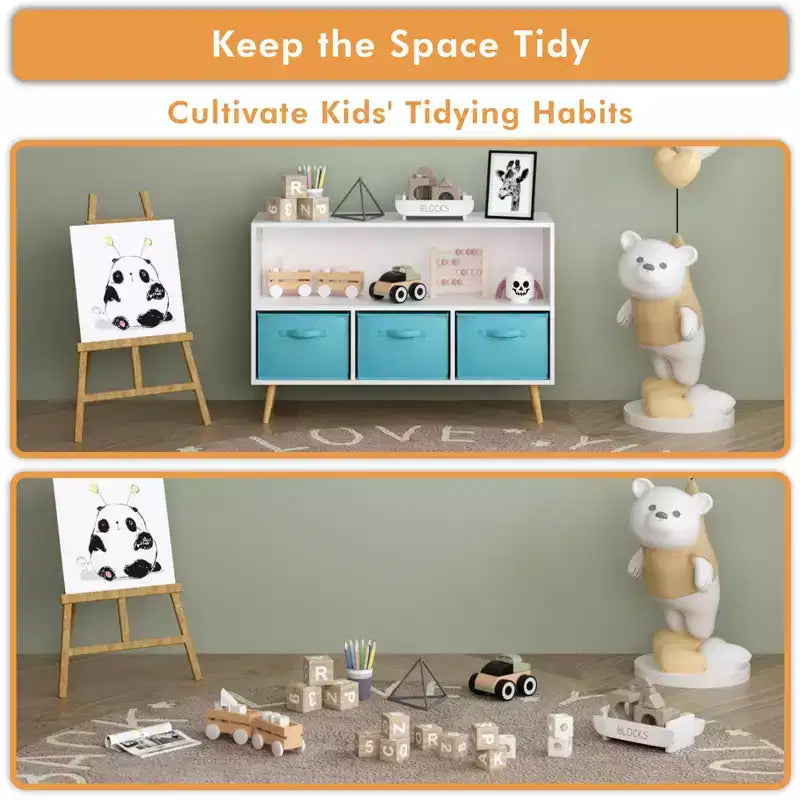 Commode de chambre Okak avec 3 tiroirs en tissu pliable, grand placard de rangement pour jouets, étagère à livres pour enfants pour couloir et chambre d'enfant