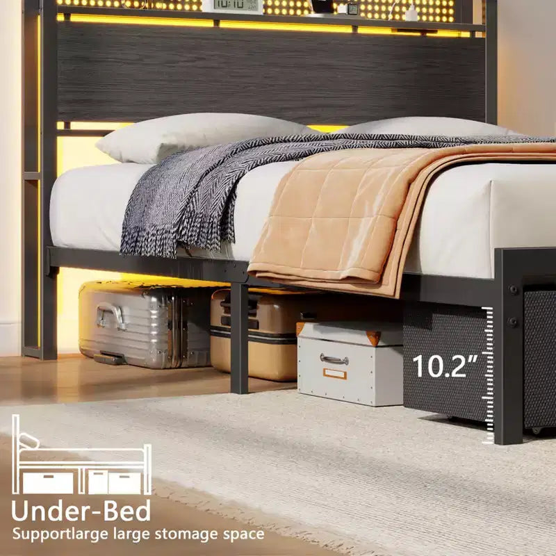 Cadre de lit plateforme pleine grandeur 2 tiroirs de rangement Tête de lit Lumières LED Station de charge Métal Bois robuste Pas besoin de sommier Chambre d'amis USB
