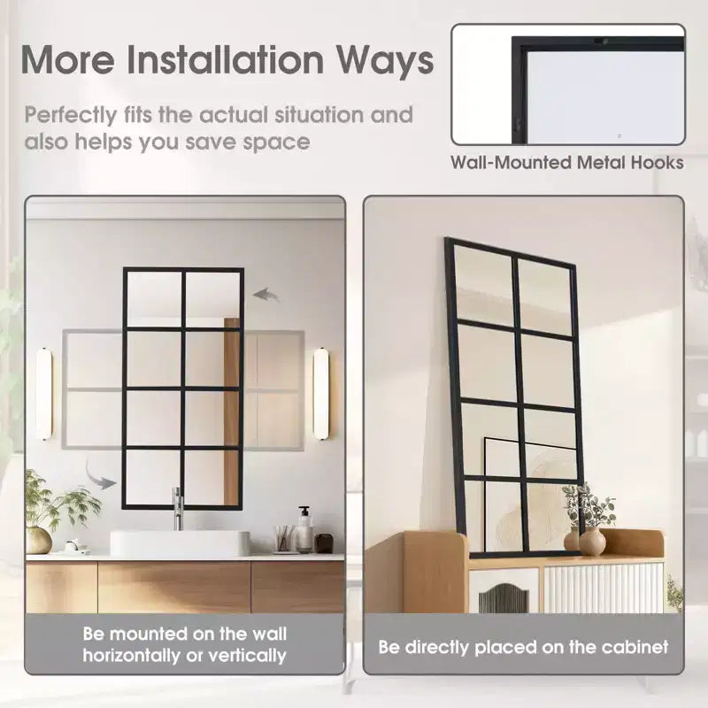 Miroir mural minimaliste JIONJOY avec cadre en métal noir, miroir décoratif de style fenêtre, miroir d'entrée incassable