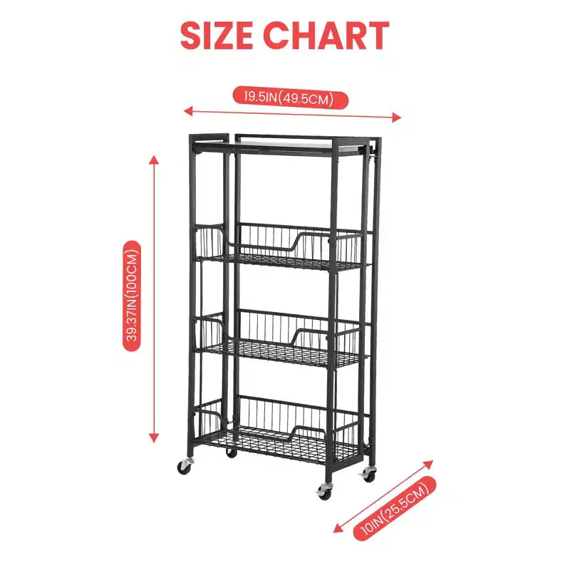 Chariot de Rangement de Cuisine Pliable à 3 Niveaux, Cadre et Étagères en Fer, Organisateur de Garde-Manger Gain de Place pour Fruits, Collations, Chariot de Service avec Roulettes Verrouillables