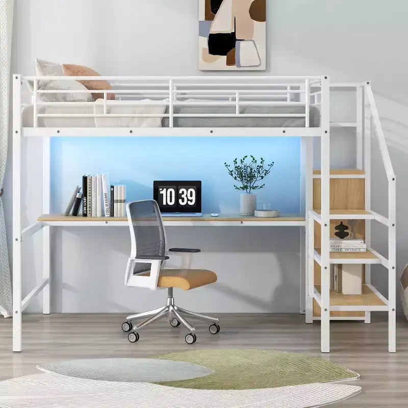 Okak Lit superposé en métal grandeur nature avec bureau et escalier de rangement et barrière de sécurité Lit mezzanine avec petite armoire et LED pour enfants adolescents Assemblage facile