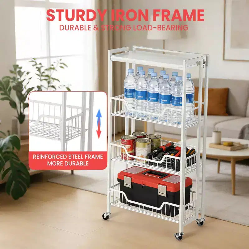 Chariot de Rangement de Cuisine Pliable à 3 Niveaux, Cadre et Étagères en Fer, Organisateur de Garde-Manger Gain de Place pour Fruits, Collations, Chariot de Service avec Roulettes Verrouillables