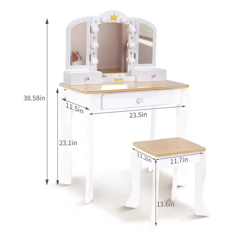 Freniland - Coiffeuse Princesse pour Enfants avec Miroir Lumineux et Tabouret, Table de Maquillage en Bois avec Tiroirs de Rangement