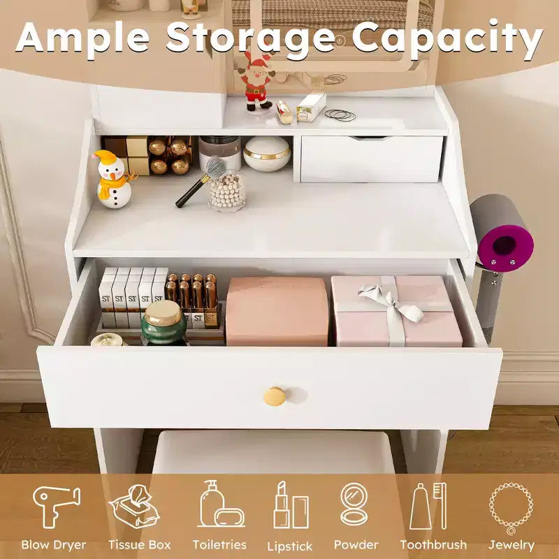 Coiffeuse JVNOXK avec miroir lumineux LED et prise électrique, 3 tiroirs, 7 étagères et tabouret de rangement, convient aux femmes, blanc