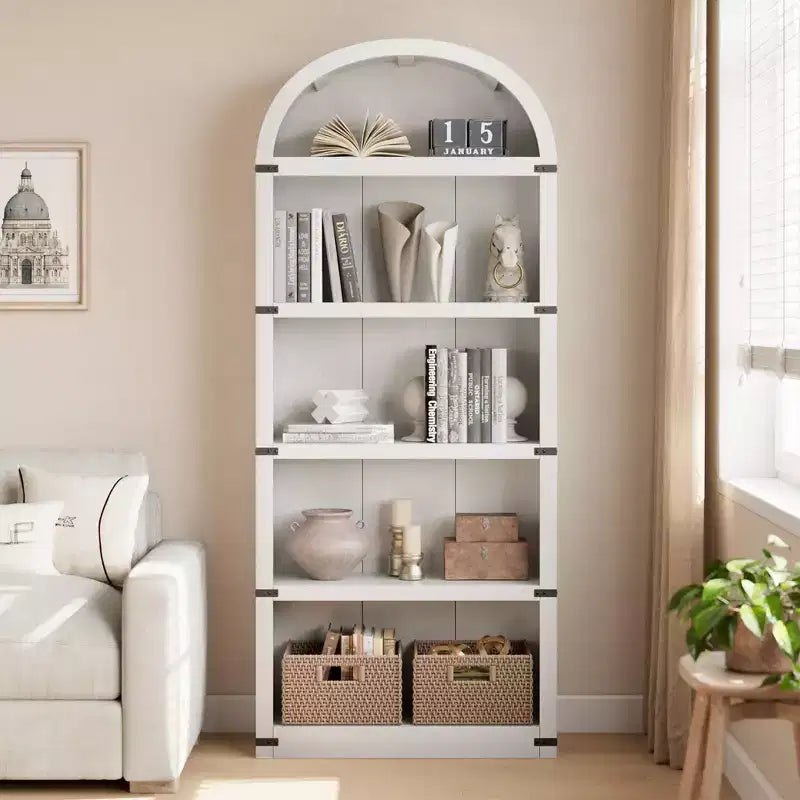 GustoWave Bibliothèque Haute de 181,96 cm, Étagère Murale Arched Style Ferme, Rangement d'Exposition, Étagères en Bois, Blanc/Gris
