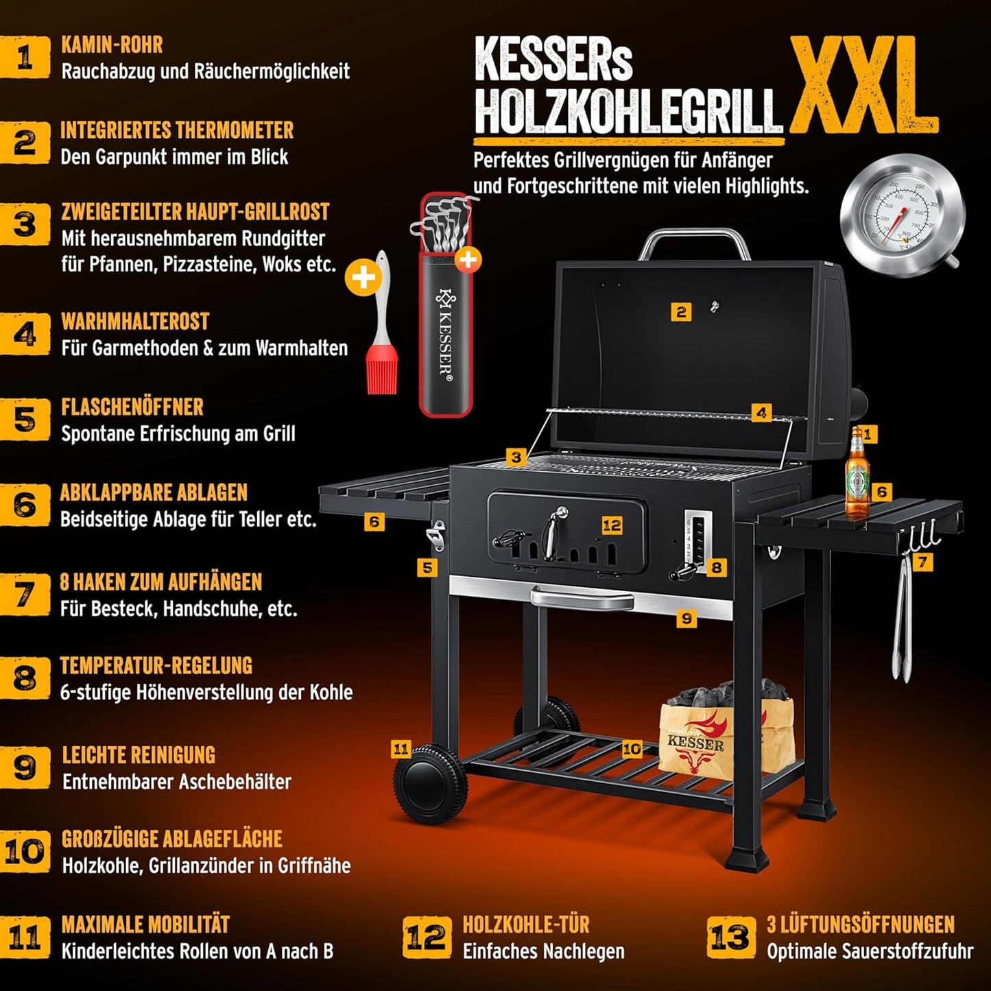 KESSER® Chariot à Barbecue , Grill XXL à Charbon de Bois avec Couvercle, Roues, poignée en Acier Inoxydable, Grille et thermomètre , Grand Barbecue au Charbon de Bois