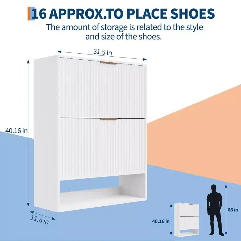 Meuble à chaussures cannelé de 80 cm avec 2 tiroirs abattants et crochets latéraux, organisateur de rangement étroit réglable pour entrée avec étagère inférieure ouverte