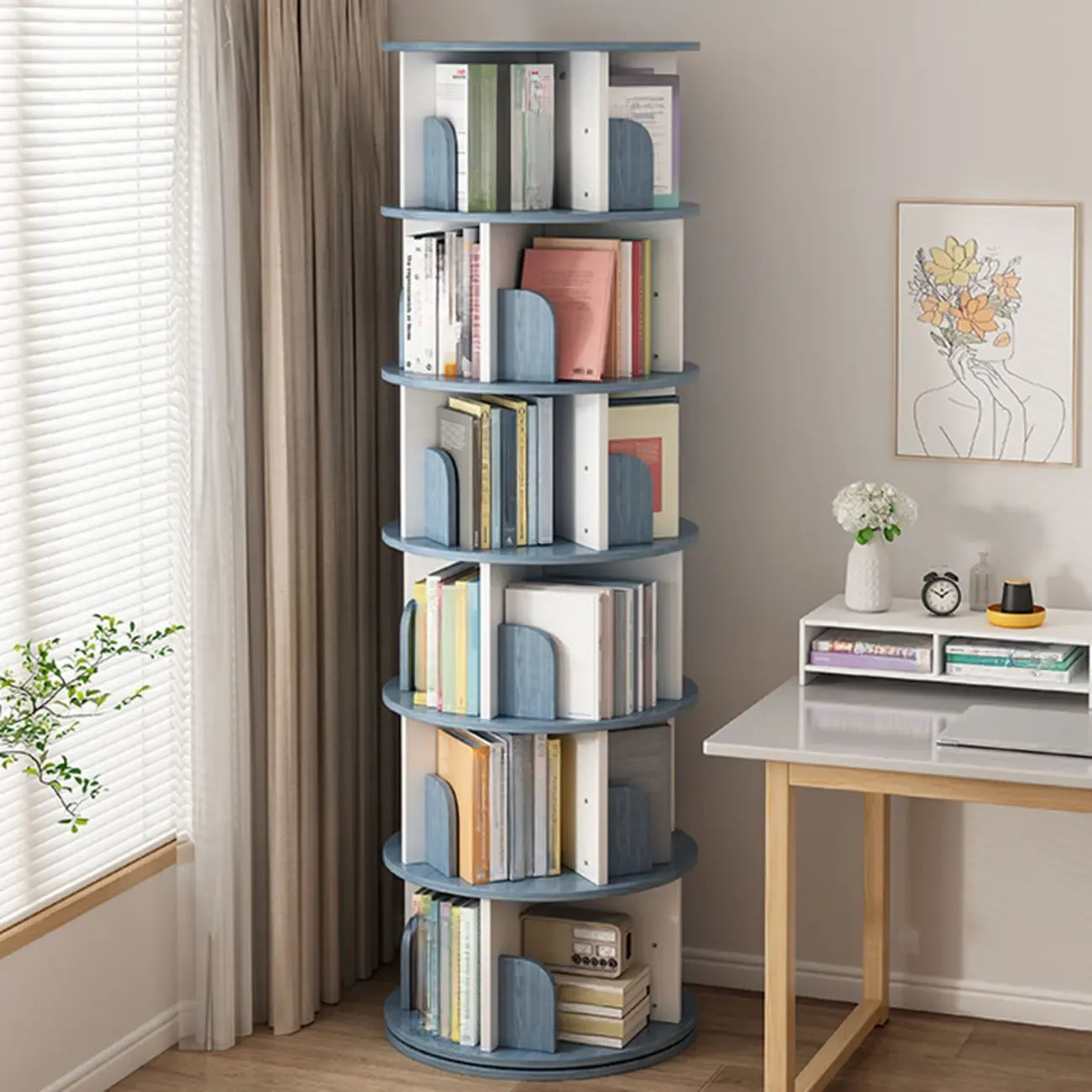Bibliothèque cylindrique en bois brun à dos ouvert et rotative