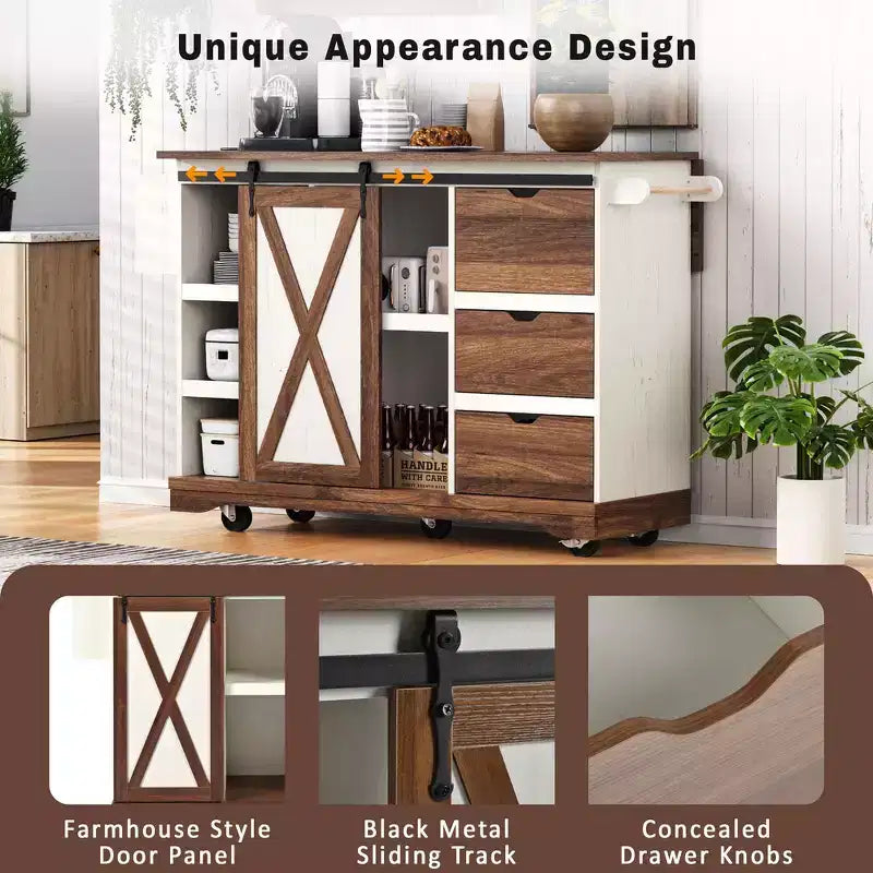 Îlot de cuisine de ferme Whisen 55.5 avec abattant, porte coulissante et station de recharge, design roulant