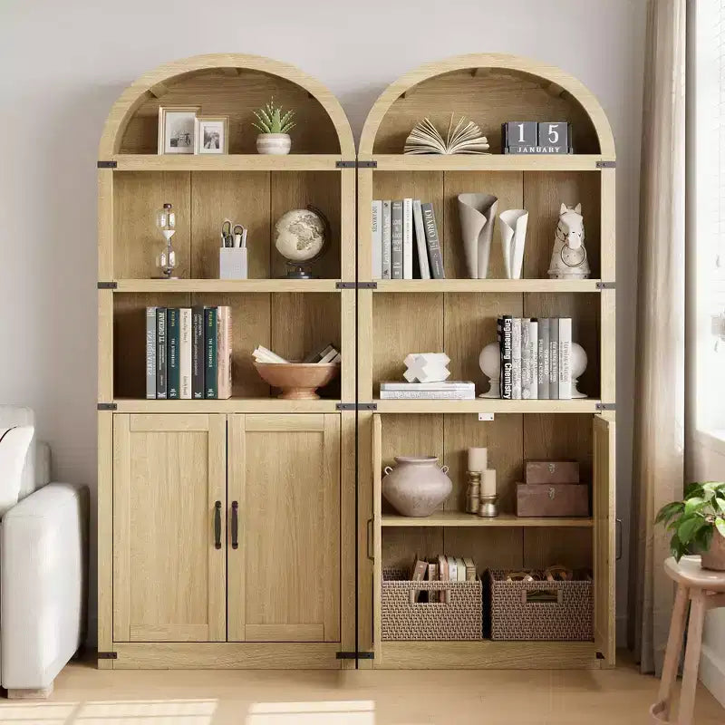 Bibliothèque GustoWave avec portes, étagère arquée de 182 cm de haut, meuble de rangement de style ferme avec étagères, bibliothèques en bois pour bureau à domicile