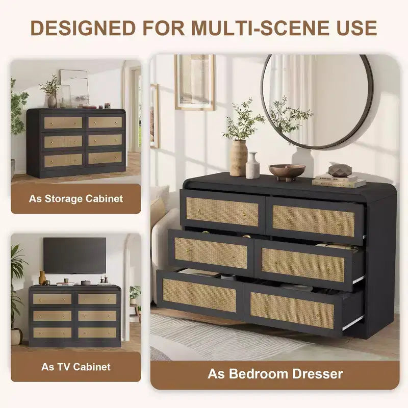 Commode à 6 tiroirs en rotin pour chambre à coucher, commode en bois de 117 cm de large, meuble TV, organisateur de rangement pour vêtements pour salon, noir