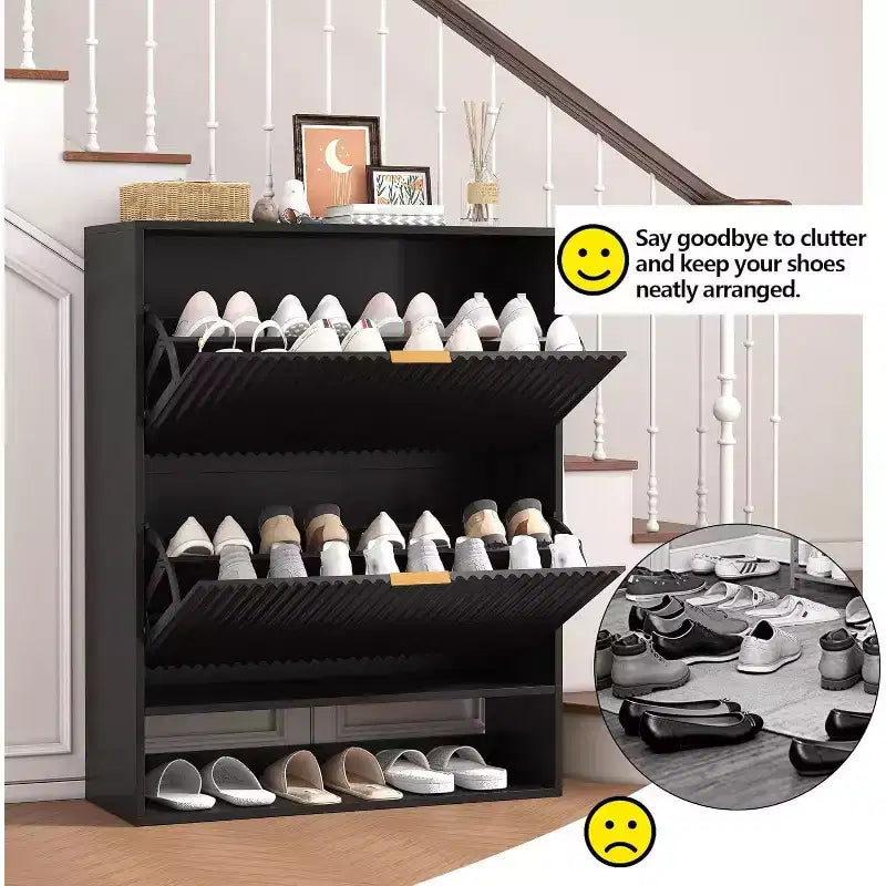 Meuble à chaussures cannelé de 80 cm avec 2 tiroirs abattants et crochets latéraux, organisateur de rangement étroit réglable pour entrée avec étagère inférieure ouverte