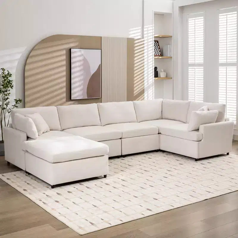 Canapé sectionnel convertible en U Okak avec pouf mobile, canapé rembourré moderne à 6 places pour salon, appartement