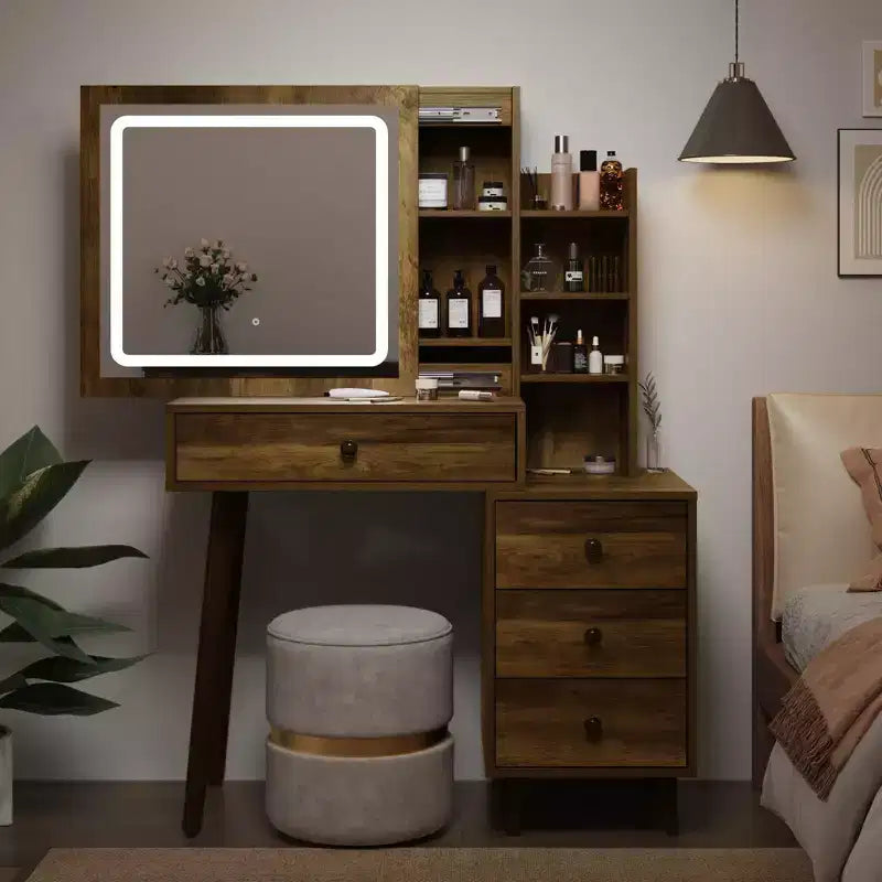 Coiffeuse avec miroir lumineux, table de maquillage Hollywood 3 couleurs dimmable avec 4 tiroirs