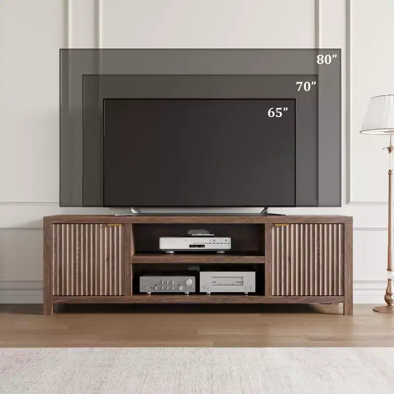 Meuble TV cannelé GustoWave pour 80 pouces, meuble de divertissement moderne avec rangement, meuble console média en bois avec porte et poignée cannelées