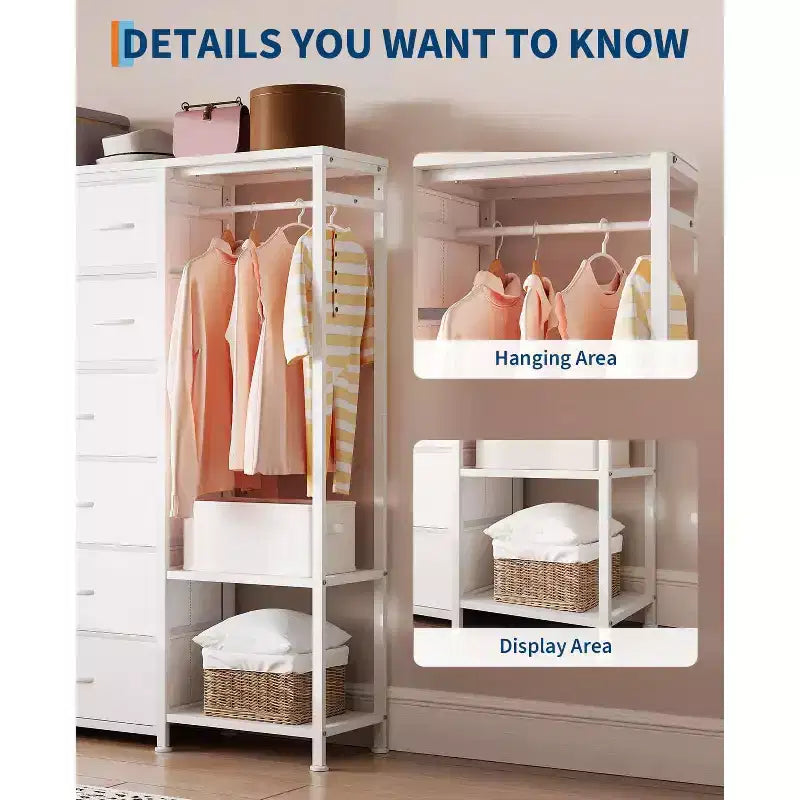 Commode de rangement avec 16 tiroirs, tringle à vêtements et étagères, organisateur de rangement en tissu pour chambre à coucher, placard ou entrée