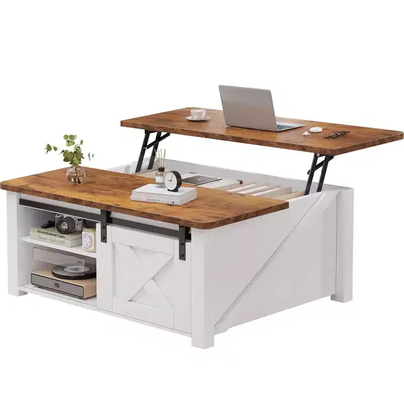 Table basse relevable JIONJOY 31,5" avec grand espace de rangement dissimulé, étagères réglables, table basse carrée de style ferme pour salon, petits espaces