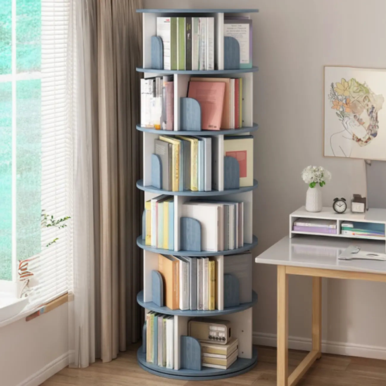Bibliothèque cylindrique en bois brun à dos ouvert et rotative