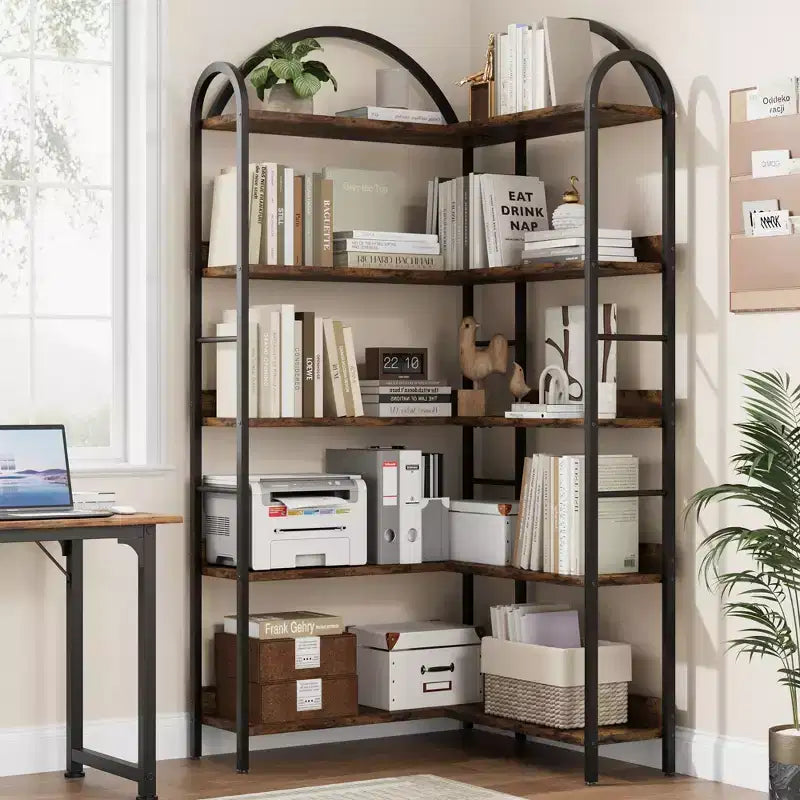 Bibliothèque d'angle à 5 niveaux, étagère industrielle en bois avec cadre en métal, étagères ouvertes de rangement pour livres pour salon, chambre à coucher, bureau à domicile
