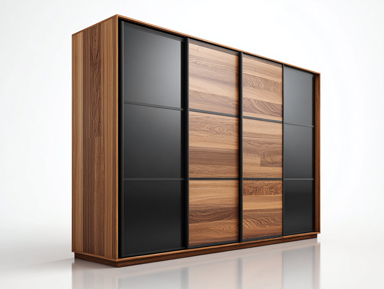 Armoire coulissante 4 portes - bois et panneaux noirs - 200x65x220 cm - noir/bois - design moderne