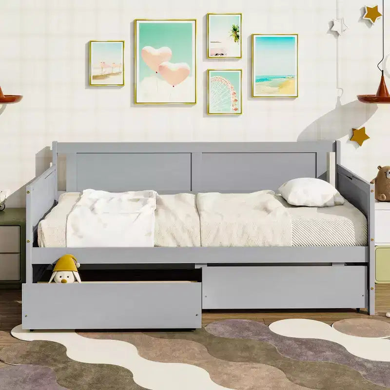 Lit de repos double avec deux tiroirs de rangement, Lit plateforme en bois avec rangement pour chambre à coucher