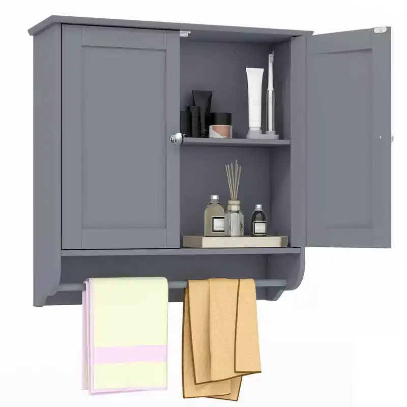 Armoire de salle de bain murale Costway avec barre porte-serviettes marron/gris