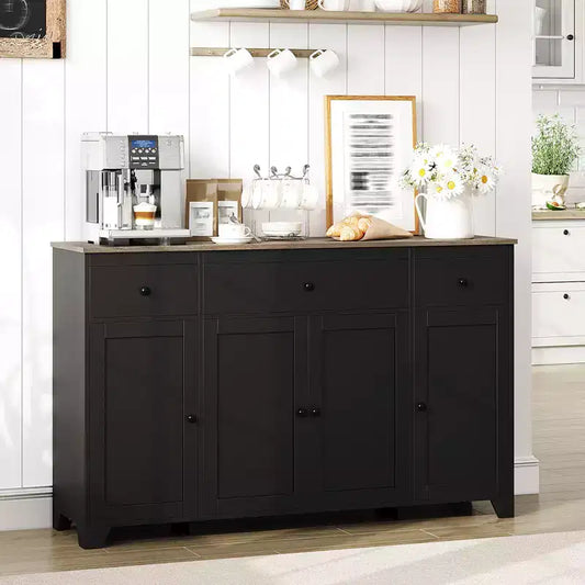 1 Buffet en aggloméré 15 mm E1 avec 4 portes et 3 tiroirs pour salle à manger, doté d'une construction durable, d'un rangement spacieux, d'un design élégant et d'un assemblage facile