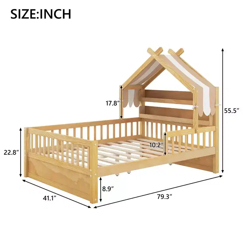 Lit cabane en bois ModernLuxe (taille lit simple/double) avec tête de lit de rangement, cadre de lit pour enfants en pin massif avec barrières de sécurité
