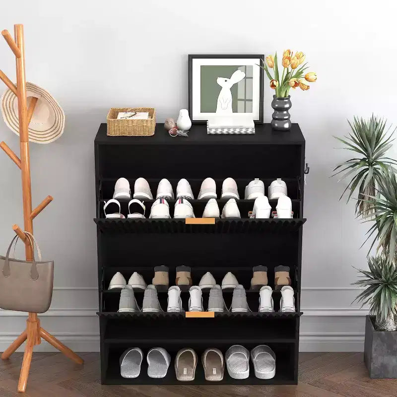 Meuble à chaussures cannelé de 80 cm avec 2 tiroirs abattants et crochets latéraux, organisateur de rangement étroit réglable pour entrée avec étagère inférieure ouverte
