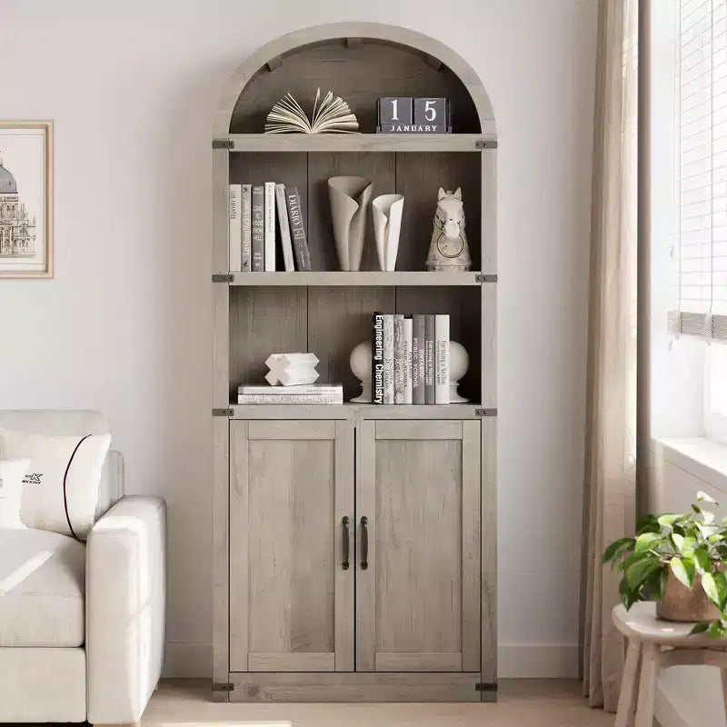 Bibliothèque GustoWave avec portes, étagère arquée de 182 cm de haut, meuble de rangement de style ferme avec étagères, bibliothèques en bois pour bureau à domicile