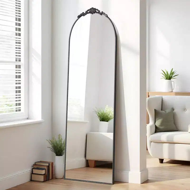 MAYEERTY Miroir pleine longueur avec support, cadre en aluminium à bord fin, à angle droit, arqué, noir, 64,17x21,26x0,79 pouces