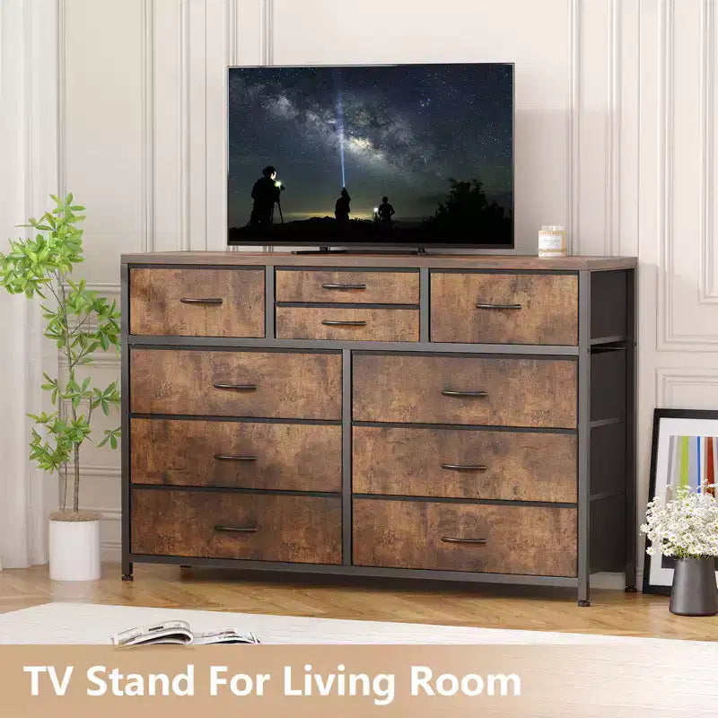 Commode à 10 tiroirs pour chambre, commode avec bacs en tissu, meuble TV pour téléviseurs jusqu'à 5 pouces, organisateur de rangement