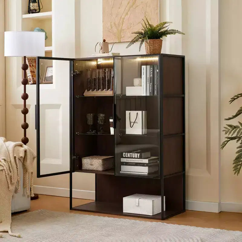 CLIHOME Vitrine haute lumineuse de 130 cm avec porte en verre trempé et cadre en métal, meuble de curiosités à LED